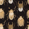 Vector seamless pattern with different beige bugs on black background