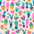 Vector cactus plant seamless pattern. Cacti flower background, print