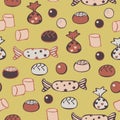 Vector seamless pattern of different candies in a warm colors on a light chocolate background.