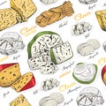 Vector seamless pattern with different color cheeses in sketch style