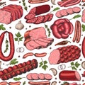 Vector seamless pattern with different color meat products in sketch style. Sausages, ham, bacon, lard, salami