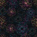 Vector seamless pattern with different colorful fireworks Royalty Free Stock Photo