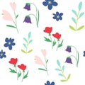 Vector seamless pattern of different flowers in sipmle style on white background