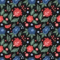 Vector seamless pattern with different flowers, leaves, berries on a black background. pattern for printing on fabric, clothing, w Royalty Free Stock Photo