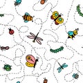 Vector seamless pattern of different insects in simple children style