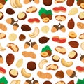 Vector seamless pattern of different nuts - cashew, almond, hazelnut, macadamia, acorn. Cartoon flat style Royalty Free Stock Photo