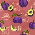 Vector seamless pattern with different plums. Bright repeated texture with purple plums. Natural hand drawing background