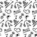 Vector seamless pattern with different simple hand drawn doodles. Hearts, arrows, sparkles, lightnings, music note Royalty Free Stock Photo