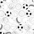 Vector seamless pattern with different Sports balls. Flat vector illustration for web design, logo, icon, app, UI Royalty Free Stock Photo