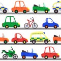 Vector seamless pattern with different vehicles. Bright flat cars and bikes in repeated print