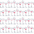 Vector seamless pattern with different wine glasses stand in row on white background.