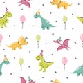 Vector seamless pattern with dinosaurs birthday party. Cute cartoon dino character for kids