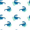 Vector seamless pattern with dinosaurs and leaves in cartoon flat childish style. Animal kids illustration background in Royalty Free Stock Photo