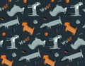 Vector seamless pattern with dog animals Dachshund, Corgi, Terrier. Creative endless nursery background.