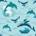 Vector seamless pattern with dolphins, whales with waves.