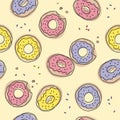 Vector seamless pattern with donuts. Cute sweet food baby background. Colorful design for textile, wallpaper, fabric, decor.