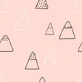 Vector seamless pattern with doodle cute mountains on a pink background. Cute mountains background. Nature. Landscape Royalty Free Stock Photo