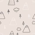 Vector seamless pattern with doodle cute mountains and trees on a pink background. Cute mountains background. Nature