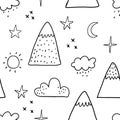 Vector seamless pattern with doodle cute mountains on a white background. Cute mountains background. Nature. Landscape Royalty Free Stock Photo