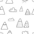 Vector seamless pattern with doodle cute mountains on a white background. Cute mountains background. Nature. Landscape Royalty Free Stock Photo