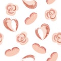 Seamless pattern with doodle love symbols, hatched spots, hearts, roses. White Background