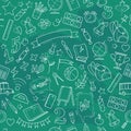 Vector seamless pattern with doodle school supplies on green background. Royalty Free Stock Photo