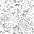 Vector seamless pattern of doodle school supplies. Sketchy background