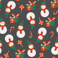 Vector seamless pattern of doodle snowmen. Colorful snowmen on dark background. Candy canes, gift boxes, Christmas symbols concept Royalty Free Stock Photo