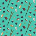 Vector seamless pattern with doodle sushi. Engrave asian food.