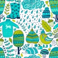 Vector seamless pattern, doodling autumn design. Hand draw trees and leafs over the city. Season of the rain, illustration, cute b Royalty Free Stock Photo