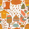 Vector seamless pattern, doodling autumn design. Hand draw trees and leafs over the city. Season of the rain Royalty Free Stock Photo