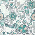 Vector seamless pattern, doodling design. Hand draw flowers and leafs. Kids illustration, cute background. Color doodle background Royalty Free Stock Photo