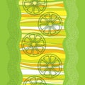 Vector seamless pattern with dotted green lemon slice on the colorful striped background. Fruit elements in dotwork style.