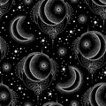 Vector seamless pattern with dotted half moon, star and ornate white lace on the black background. Design with astronomy symbols.