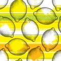 Vector seamless pattern with dotted lemon fruit on the background with white, orange and green horizontal stripes. Royalty Free Stock Photo