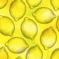 Vector seamless pattern with dotted lemon and white, orange and green spots on the yellow background. Royalty Free Stock Photo