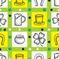 Vector seamless pattern with dotted lucky four leaf clover or shamrock, hat, beer glass, pot of coins and horseshoe. Royalty Free Stock Photo