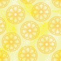 Vector seamless pattern with dotted orange lemon slice on the yellow background. Decor with fruits elements in dotwork style. Royalty Free Stock Photo