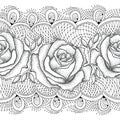 Vector seamless pattern with dotted rose flowers and decorative lace in black on the white background. Royalty Free Stock Photo