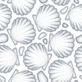 Vector seamless pattern with dotted Sea shell or Scallop in black and pebbles on the white. Marine and aquatic theme.