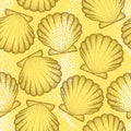 Vector seamless pattern with dotted Sea shell or Scallop in brown on the orange background. Marine theme. Royalty Free Stock Photo