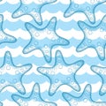 Vector seamless pattern with dotted Starfish or Sea star in blue and waves. Marine theme. Royalty Free Stock Photo