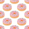 Vector seamless pattern of Doughnuts with blue, pink, green, yellow glaze and sugar icing on white background. Cartoon