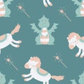 Vector seamless pattern with dragon, horse and magic wand