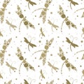 Vector Seamless Pattern with Dragonfly and colorful circles. Royalty Free Stock Photo