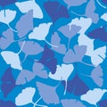 Vector seamless pattern drawing of blue ginkgo leaves random on blue background