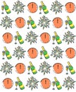 Vector seamless pattern. Drawing of salute, fireworks, champagne and watches. 12 00 on the clock. Abstract christmas