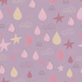 vector seamless pattern with drops, stars and rainbow colors dusty rose mauve and beige. Pastel backround Royalty Free Stock Photo