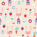 Vector seamless pattern with easter boy and girl bunnies, eggs, strawberry, carrot and tulips