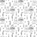 Vector seamless pattern with Easter bunnies, flowers and baskets full of eggs doodle
